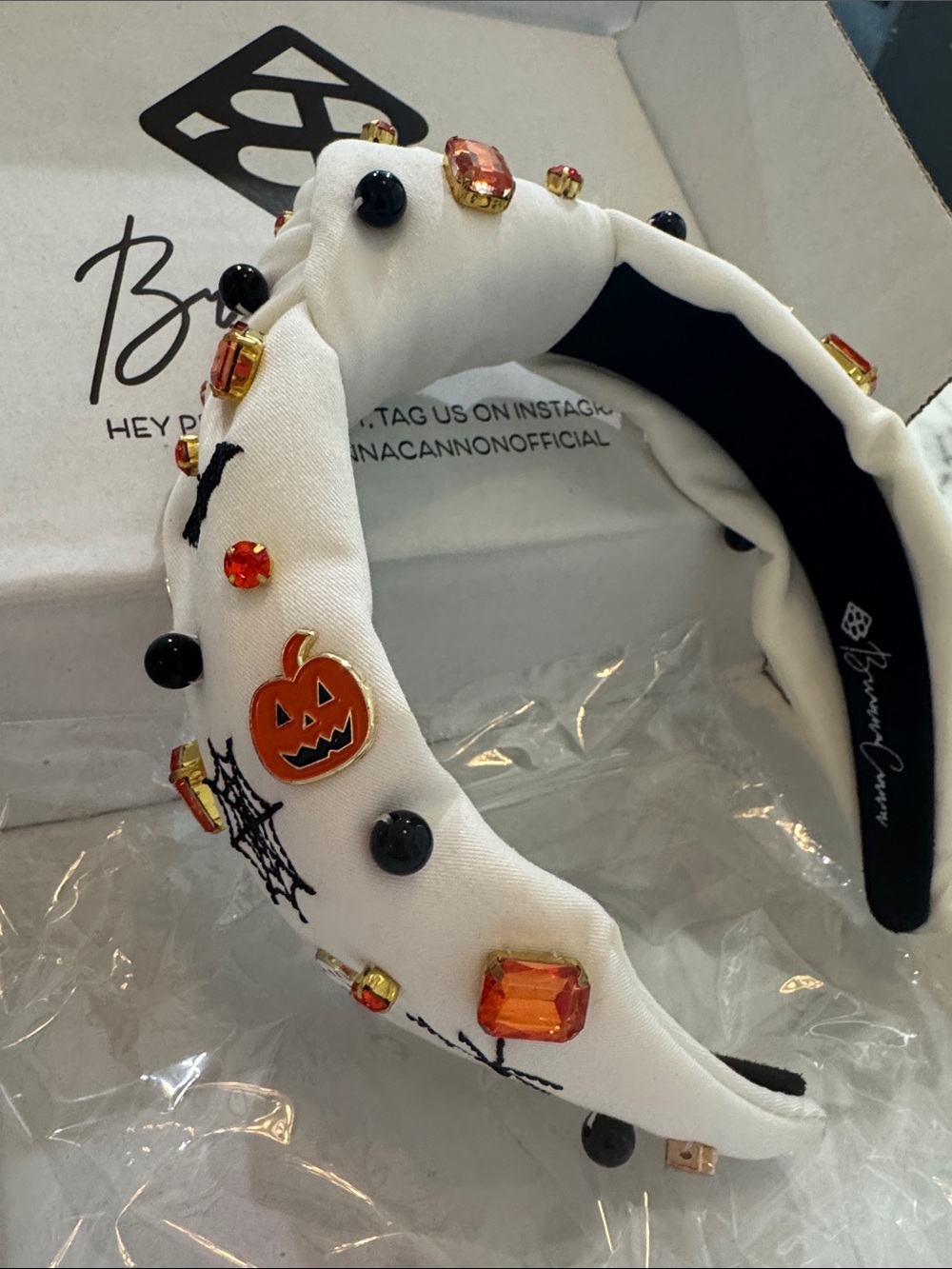 White Halloween Pumpkin Gem Embellished Padded Headband